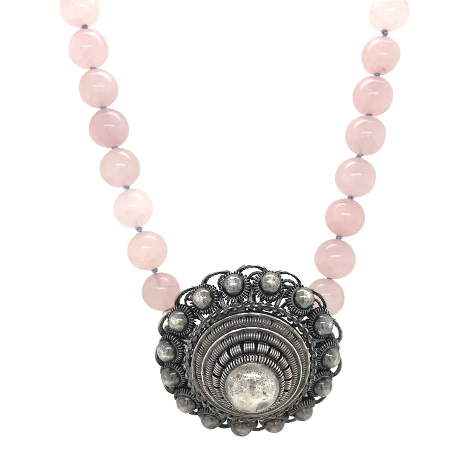 Vintage Rose Quartz Necklace with Sterling Silver Zeeland Button Clasp