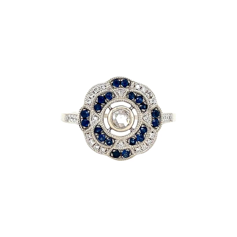 Vintage 14K White Gold Dubbele Cluster Ring with Sapphire and Diamond