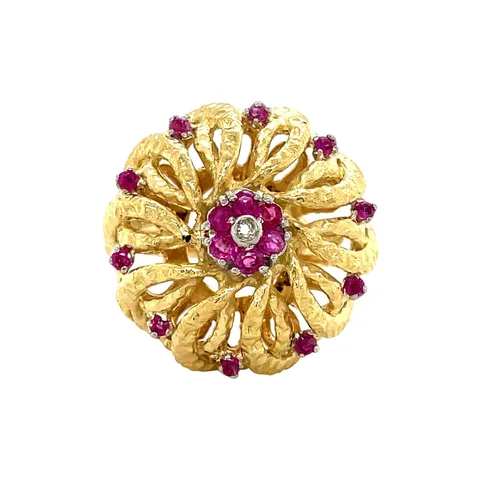 Vintage 18K Gold Cluster Ring with Ruby and Diamond