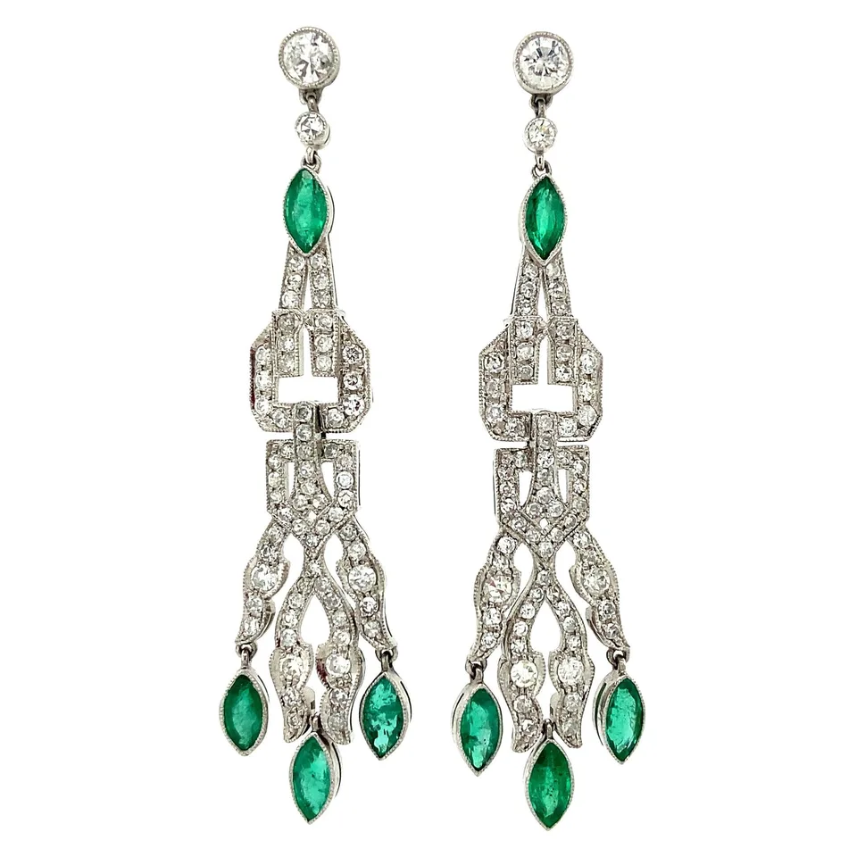 Vintage Platinum Drop Earrings with Emerald and Diamond
