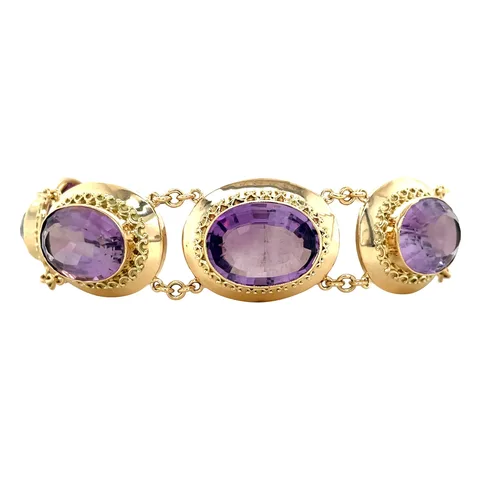 Vintage 14K Gold Boat Link Bracelet with Amethyst