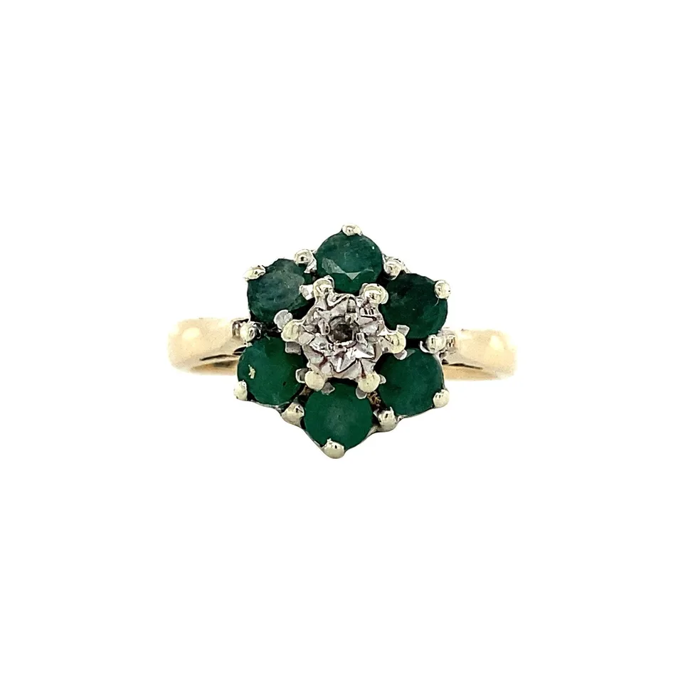 Vintage Cluster 9K Gold Ring with Emerald and Diamond