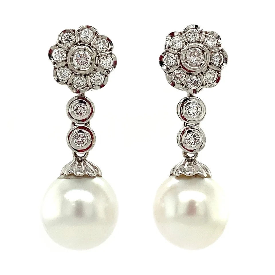 Vintage 18K Gold Drop Earrings with Pearl and Diamond