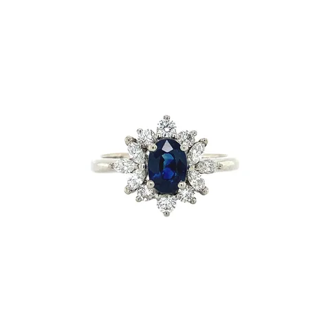 Vintage 18K White Gold Cluster Ring with Sapphire and Diamond