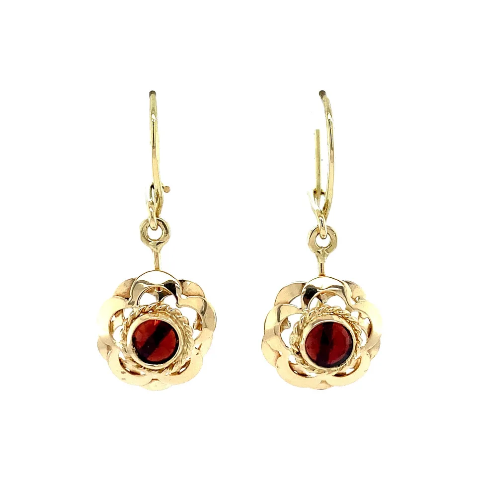 Vintage 14K Gold Drop Earrings with Garnet