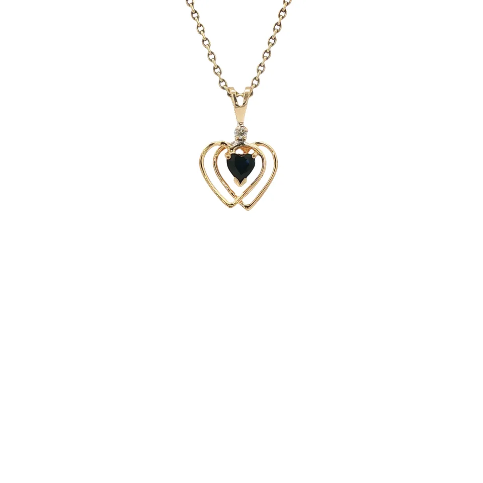Vintage 14K Gold Heart Pendant with Sapphire and Diamond