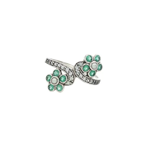 Vintage Sterling Silver Ring with Emerald, Sapphire and Pearl