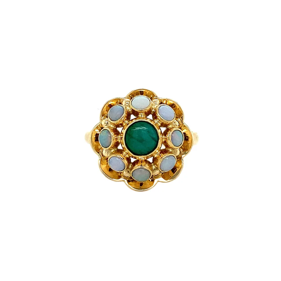 Vintage 14K Gold Cluster Ring with Turquoise and Opal