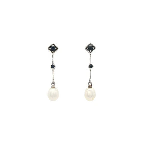 Vintage Sterling Silver Stud Earrings with Sapphire and Pearl