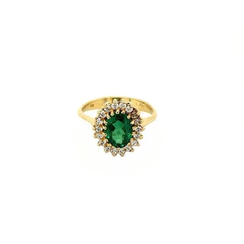 Vintage 18K Gold Cluster Ring with Glass Emerald and Cubic Zirconia