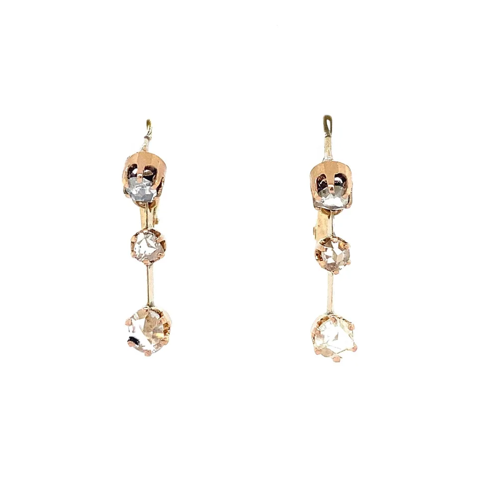 Vintage 14K Gold Drop Earrings with Rose Cut Diamond