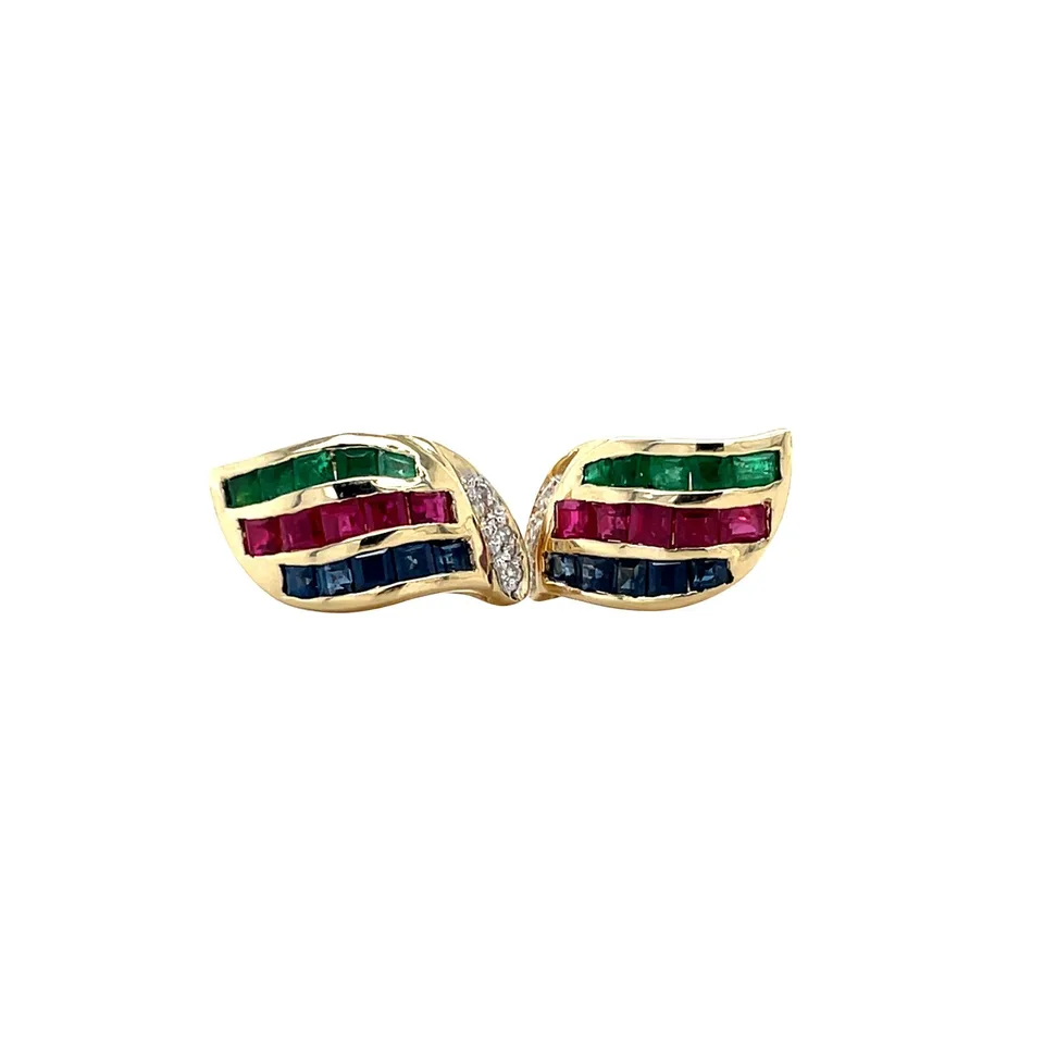 Vintage 14K Gold Stud Earrings with Ruby, Emerald, Sapphire and Diamond