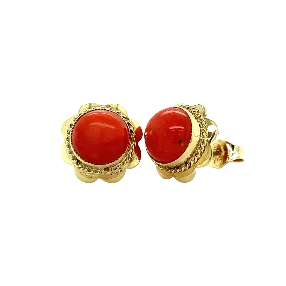 Vintage 14K Gold Stud Earrings with Red Coral