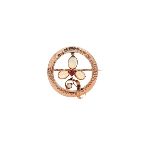 Vintage 18K Rose Gold Brooch with Opal, Pearl and Ruby