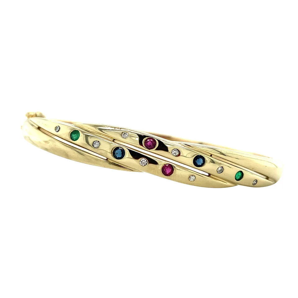 Vintage 14K Gold Bangle with Sapphire, Emerald, Ruby and Diamond