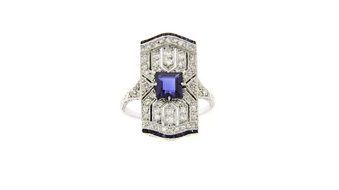 Vintage 14K White Gold Art Deco Ring with Sapphire and Diamond