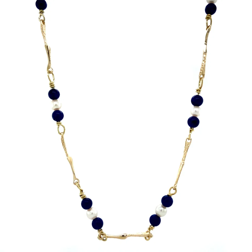 Vintage 14K Gold Necklace with Lapis Lazuli and Pearl