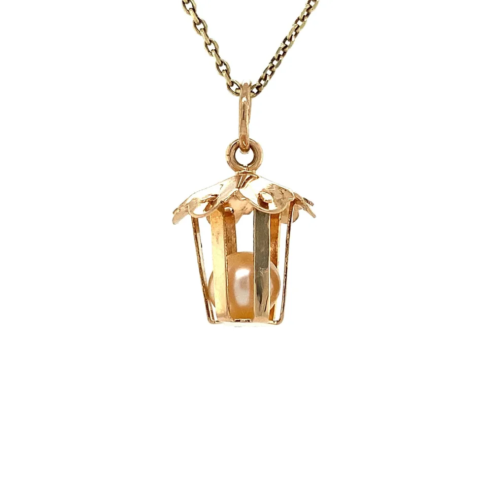 Vintage 18K Gold Pendant Lantern with Pearl