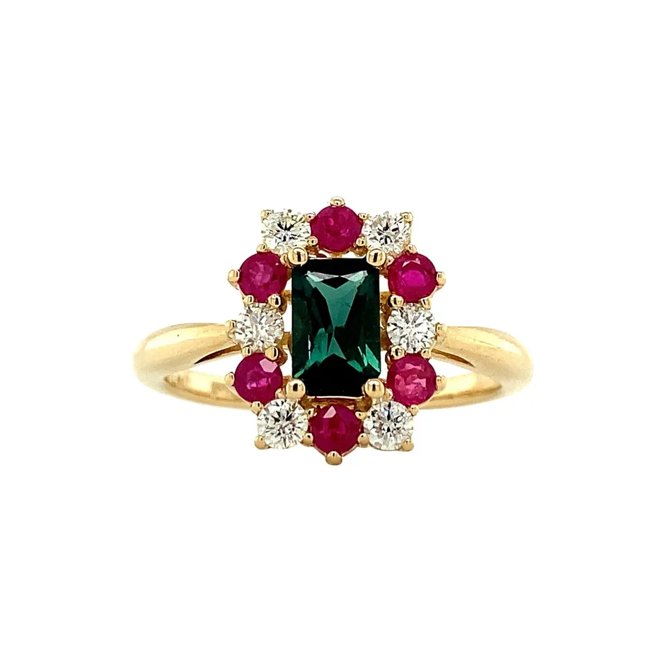 Vintage 14K Gold Cluster Ring with Tourmaline, Natural Ruby and Diamond