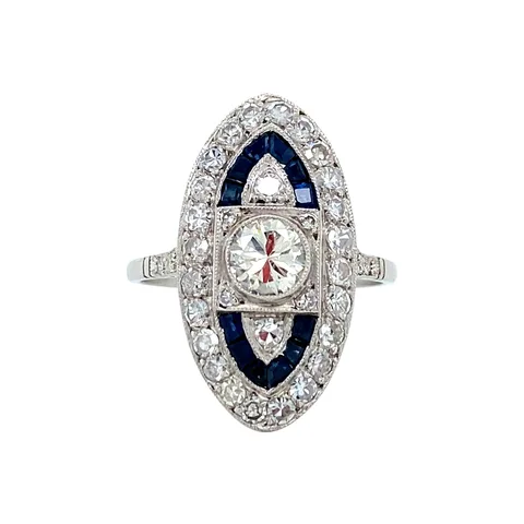 Vintage Platinum Cluster Ring with Sapphire and Diamond