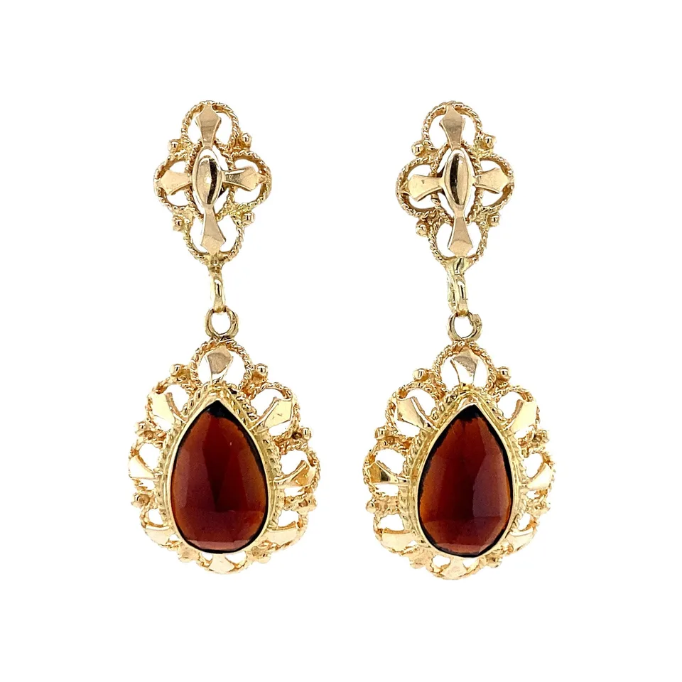 Vintage 14K Gold Drop Earrings with Garnet