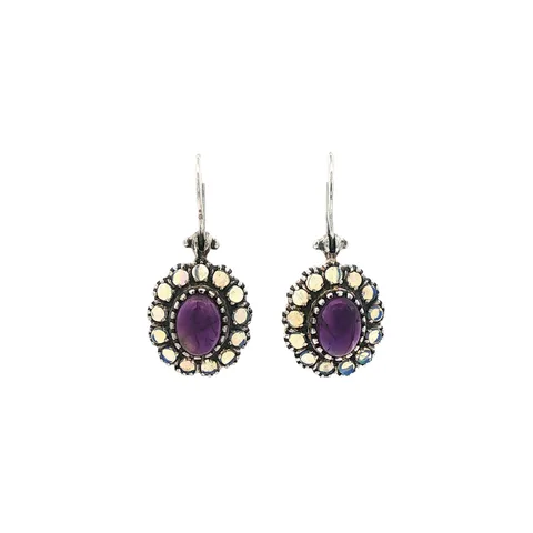 Vintage Sterling Silver Drop Earrings with Opal and Amethyst