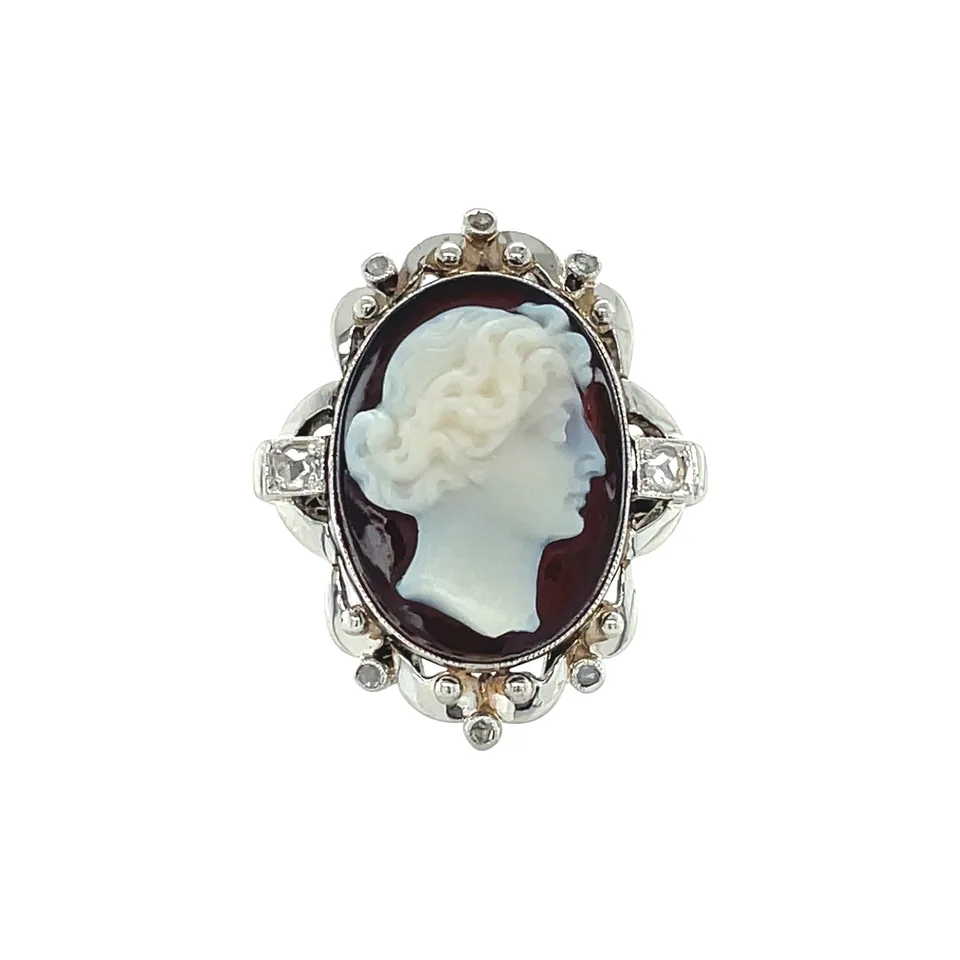 Vintage 14K White Gold Ring with Cameo and Diamond