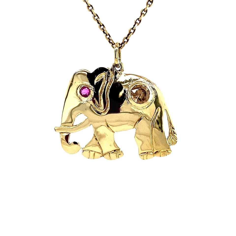 Vintage Elephant 12K Gold Pendant with Ruby and Zircon