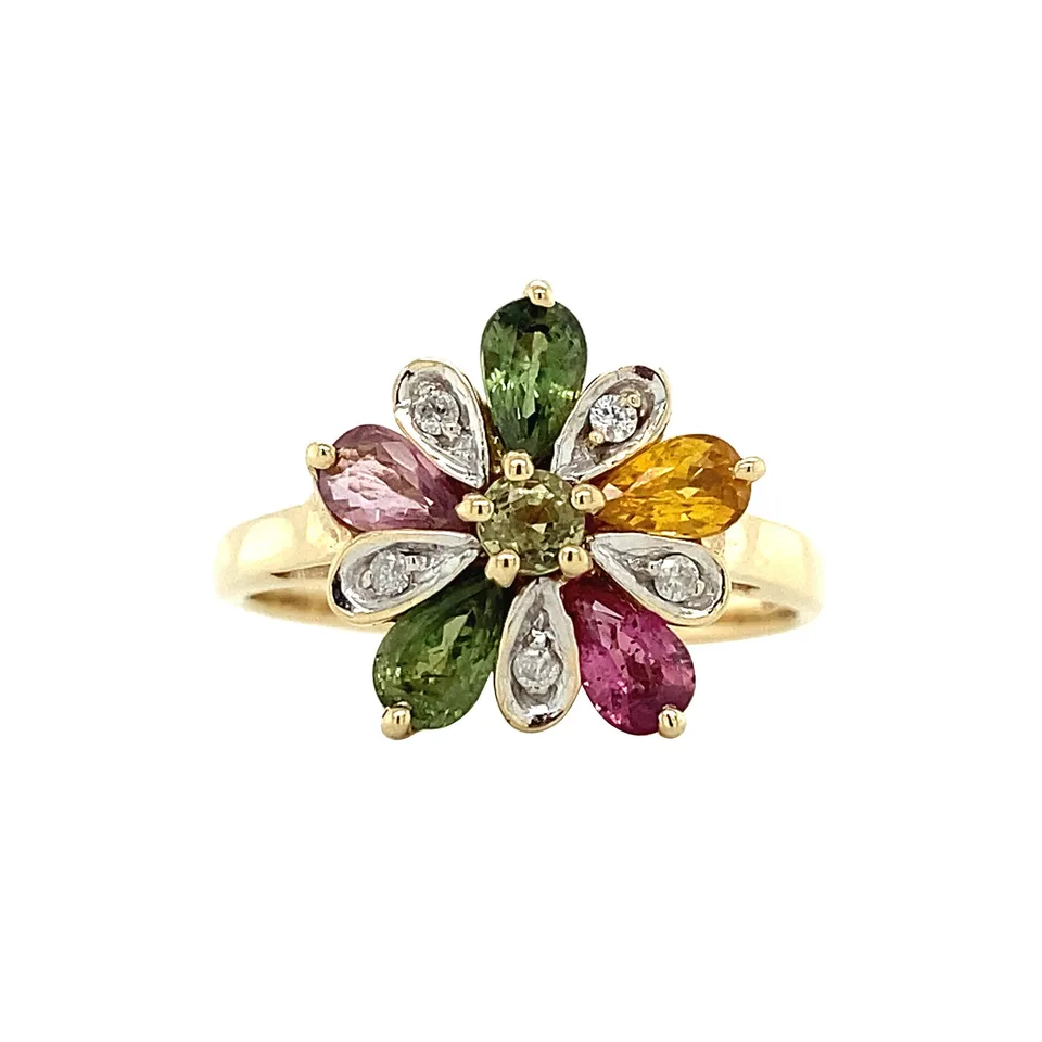 Vintage 9K Gold Ring with Tourmaline and Diamond