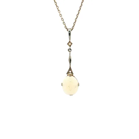 Vintage 14K White Gold Pendant with Opal and Rose Cut Diamond