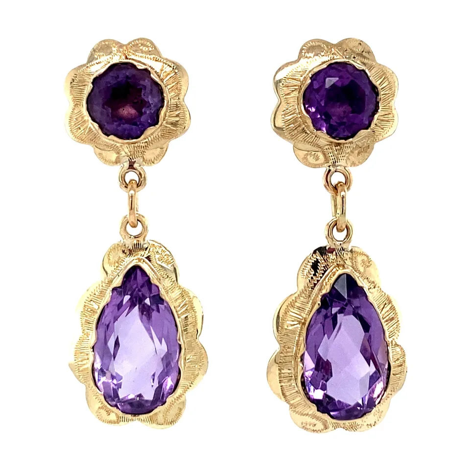 Vintage 14K Gold Drop Earrings with Amethyst