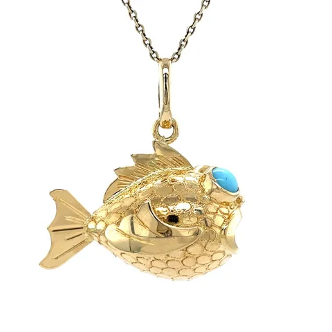Vintage 18K Gold Fish Pendant with Colored Stone
