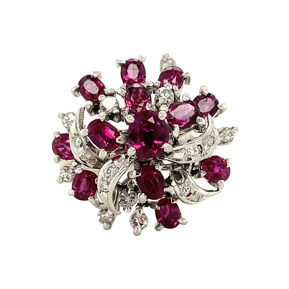 Vintage 14K White Gold Cocktail Ring with Ruby and Diamond