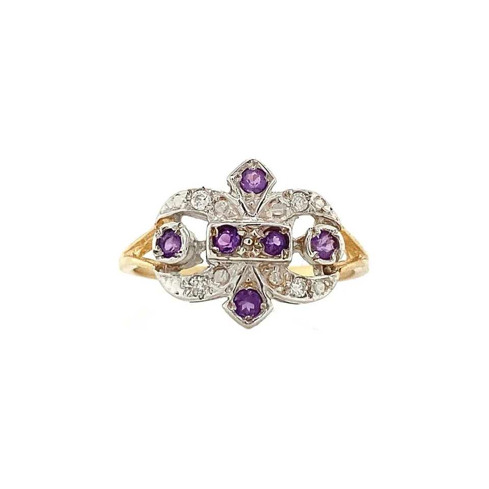 Vintage 9K Gold Ring with Amethyst and Diamond