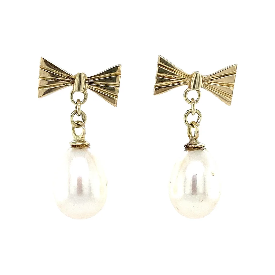 Vintage 14K Gold Stud Earrings Bow with Pearl