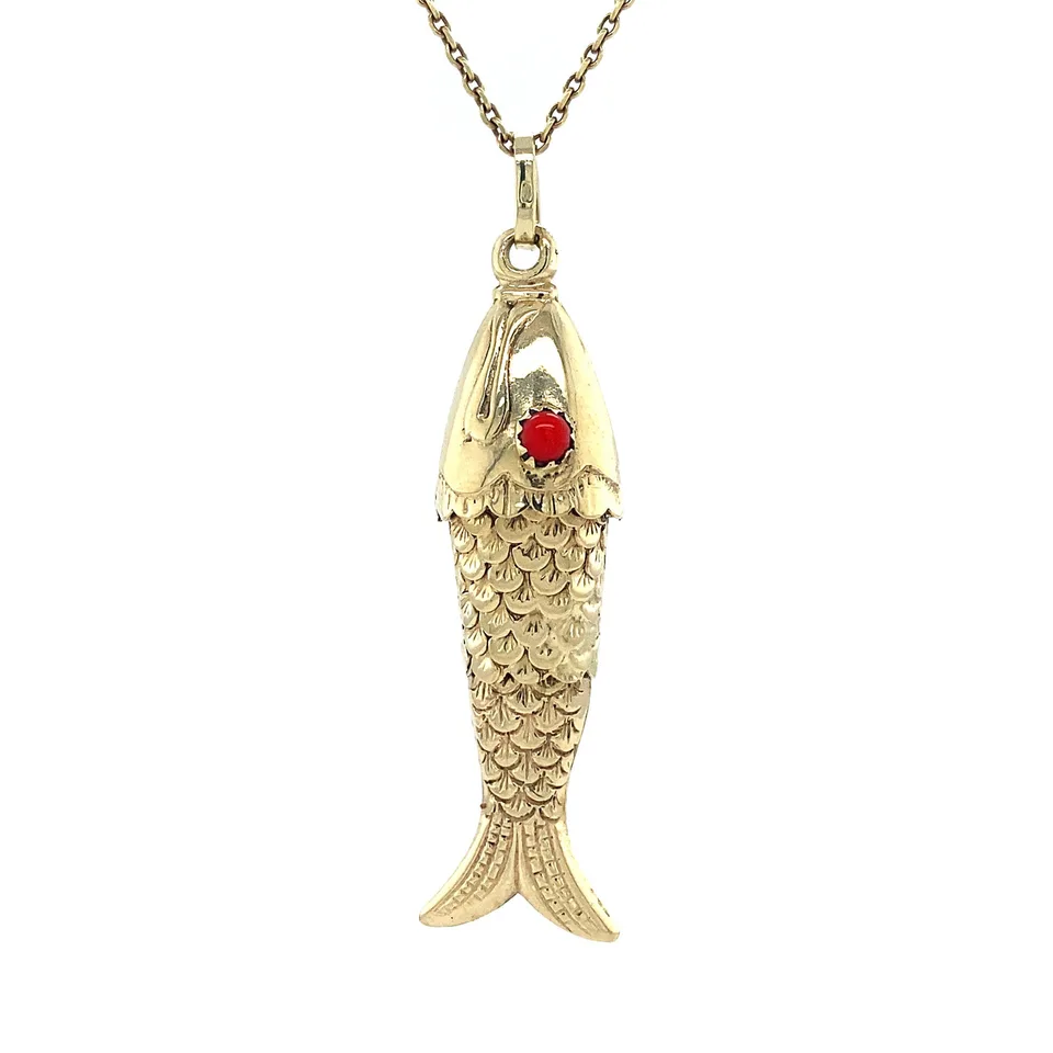 Vintage 14K Gold Fish Pendant with Red Coral