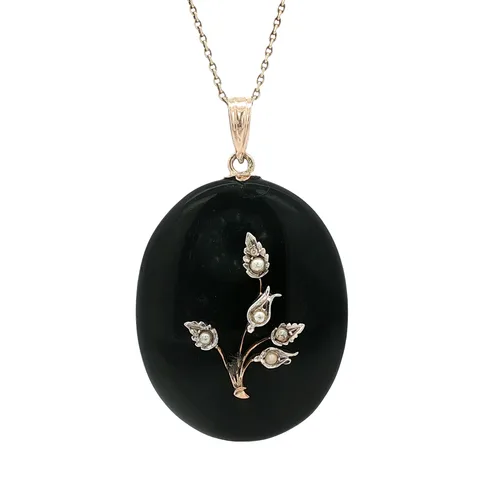 Vintage 9K Gold Pendant with Onyx and Pearl