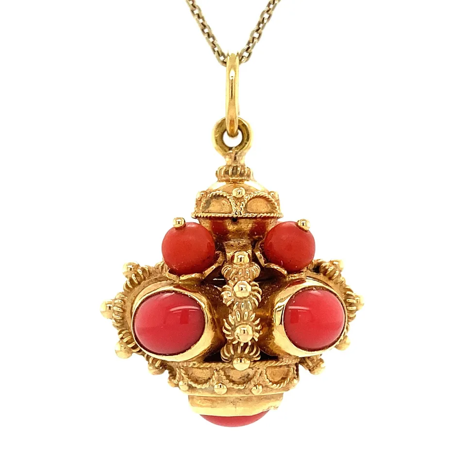 Vintage 18K Gold Pendant with Red Coral