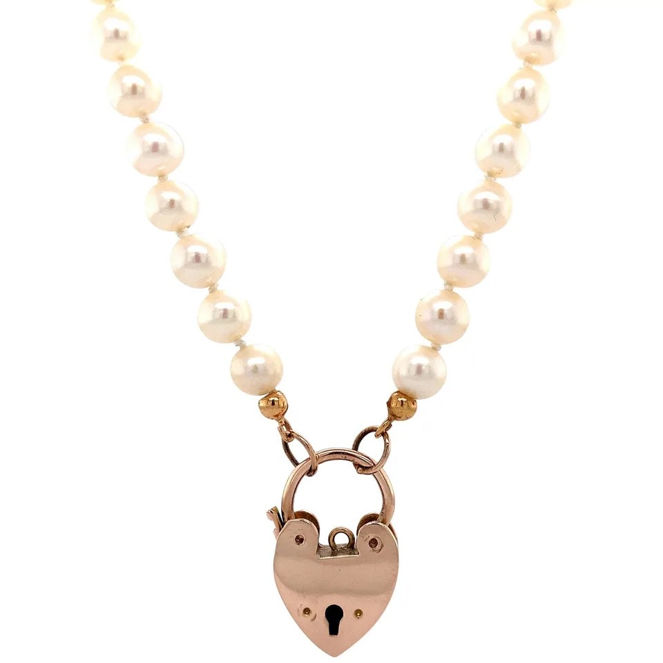 Vintage Pearl 9K Gold Necklace with Heart Clasp 47 cm