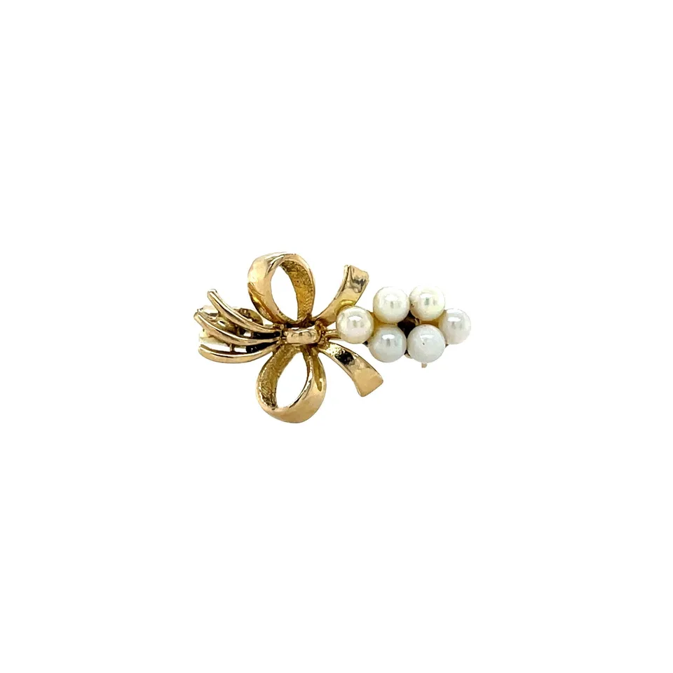 Vintage Bow 8K Gold Brooch with Pearl