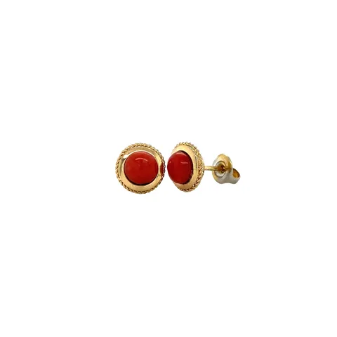 Vintage 18K Gold Stud Earrings with Red Coral