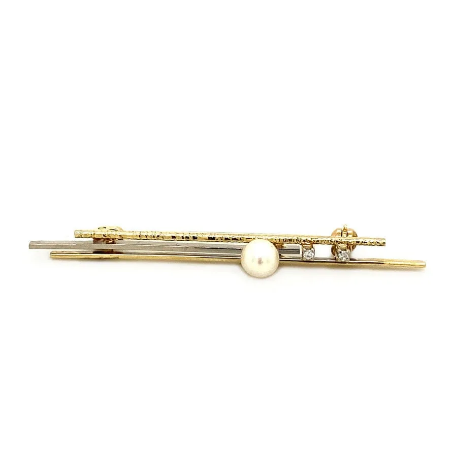 Vintage 14K Gold Brooch with Diamond and Pearl