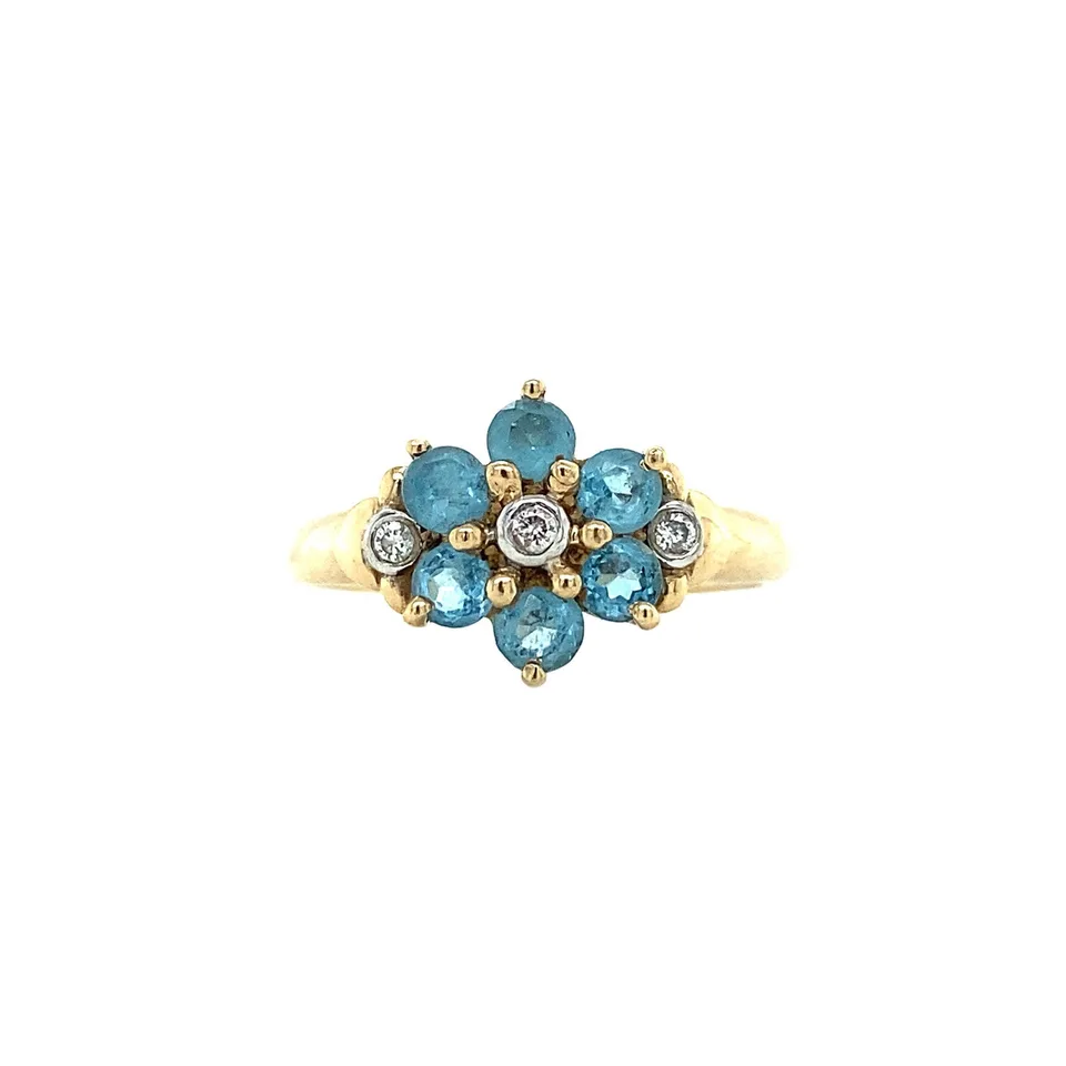 Vintage Cluster 9K Gold Ring with Diamond and Aquamarine