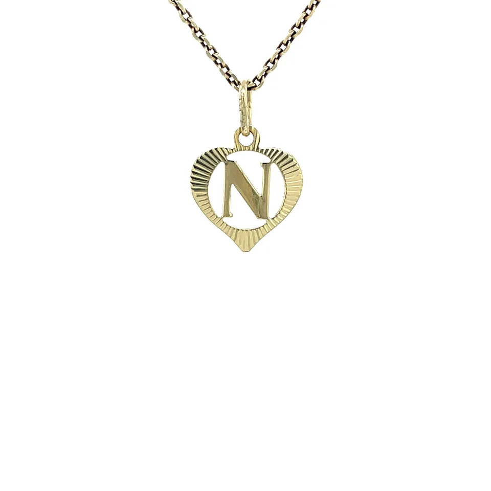 Vintage 14K Gold Heart Pendant with Letter N