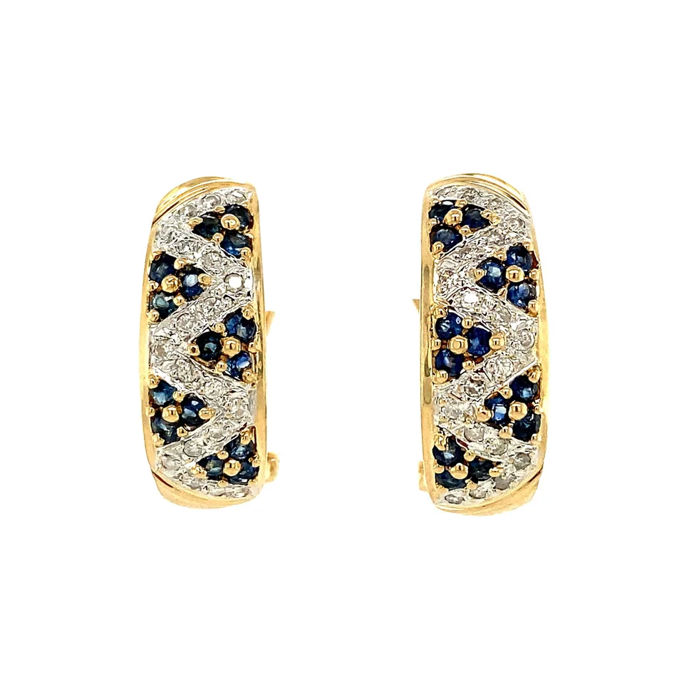 Vintage 14K Gold Stud Earrings with Natural Sapphire and Diamond