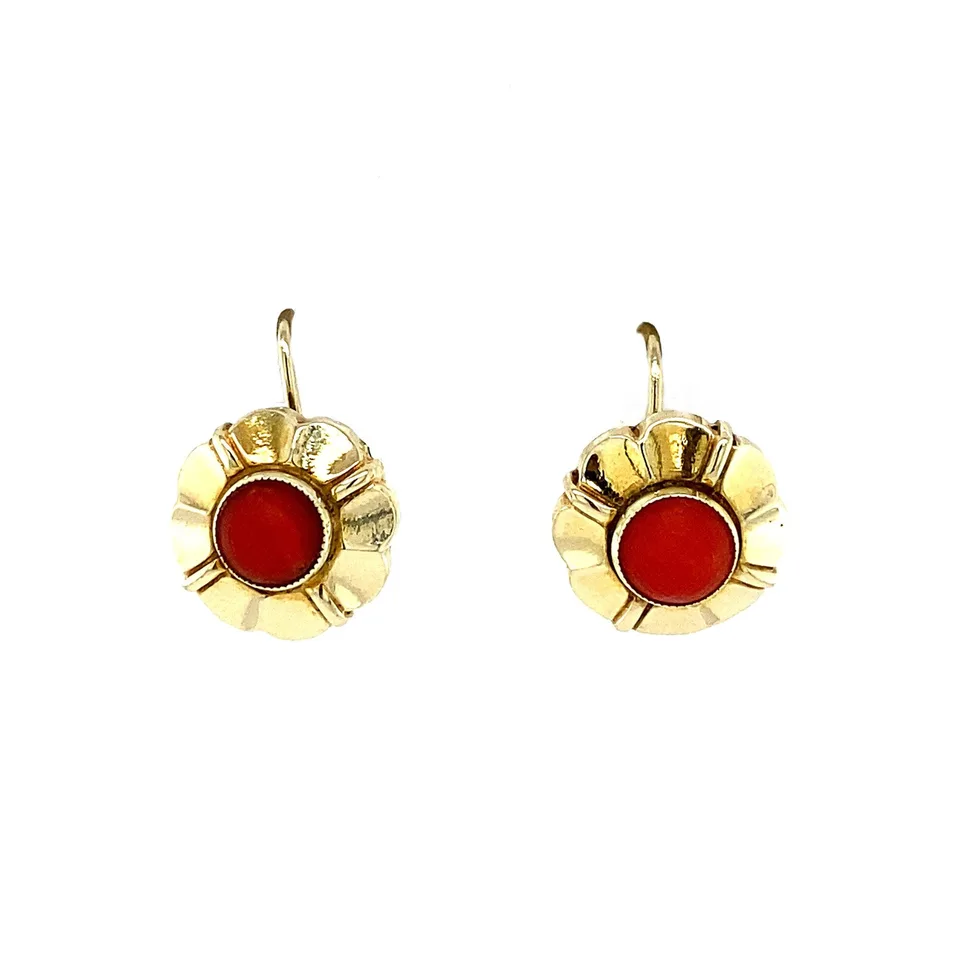Vintage 14K Gold Drop Earrings with Red Coral