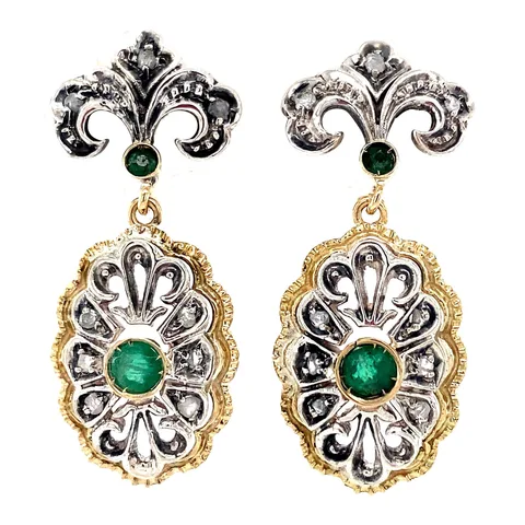 Vintage 18K Gold Clip Earrings with Rose Cut Diamond and Emerald