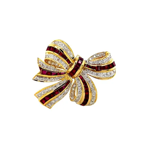 Vintage 18K Gold Bow Brooch with Ruby and Diamond