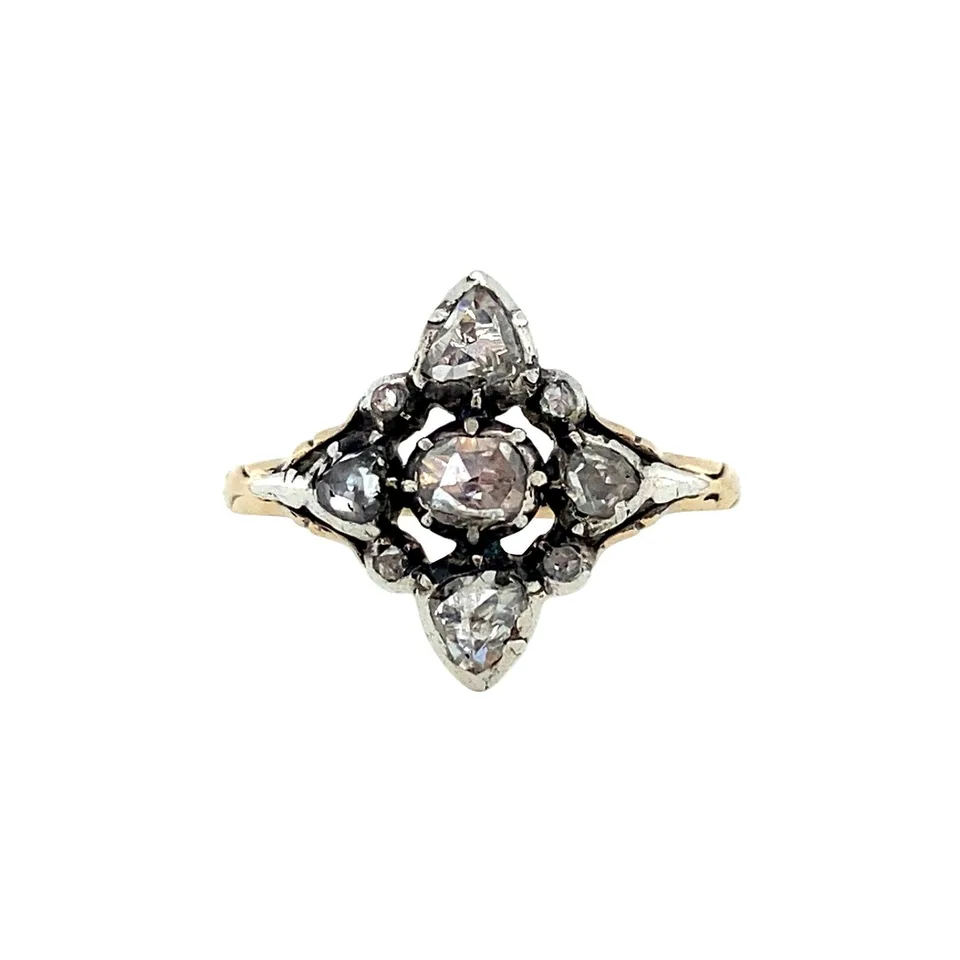Vintage Gold Cluster Sterling Silver Ring with Rose Cut Diamond 14 Krtt