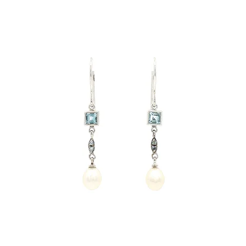 Vintage Sterling Silver Drop Earrings with Blue Topaz and Pearl